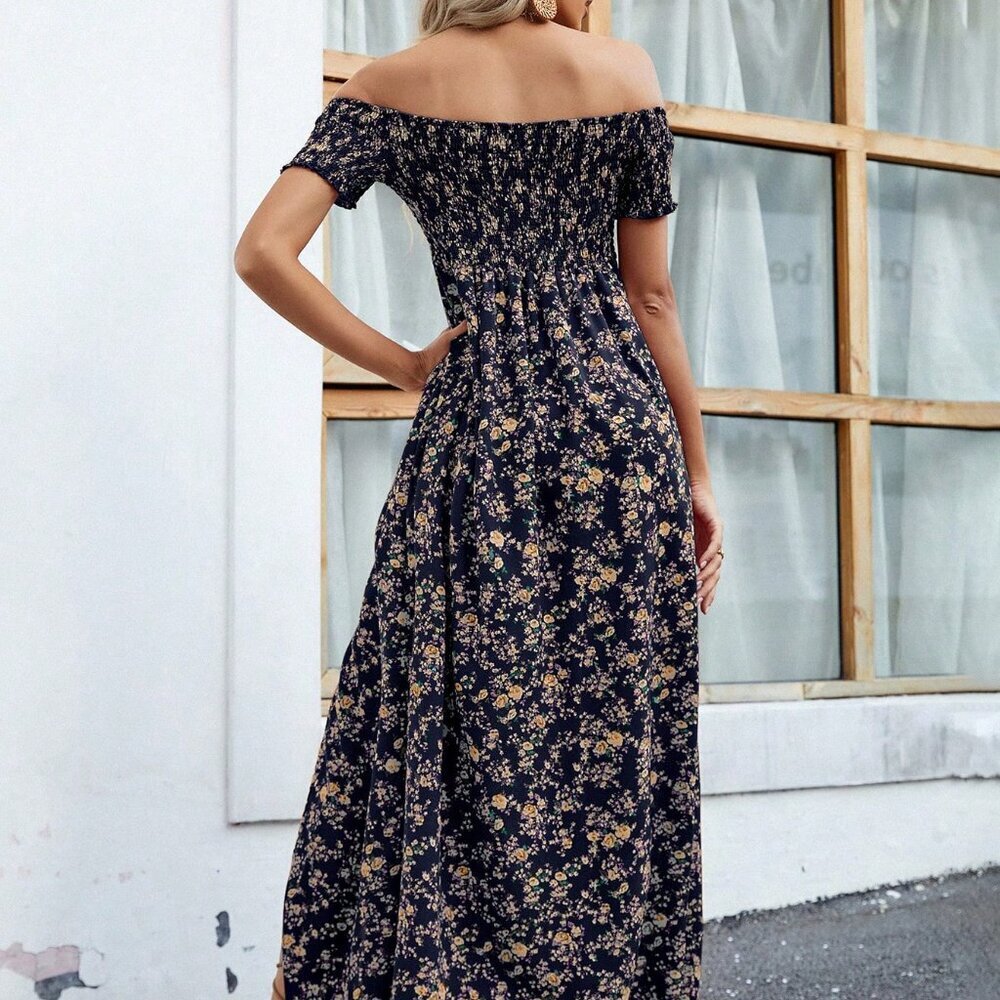 Multicolor Boho Women's Off Shoulder Ditsy Floral High Split Maxi Dress - Picture 2 of 6